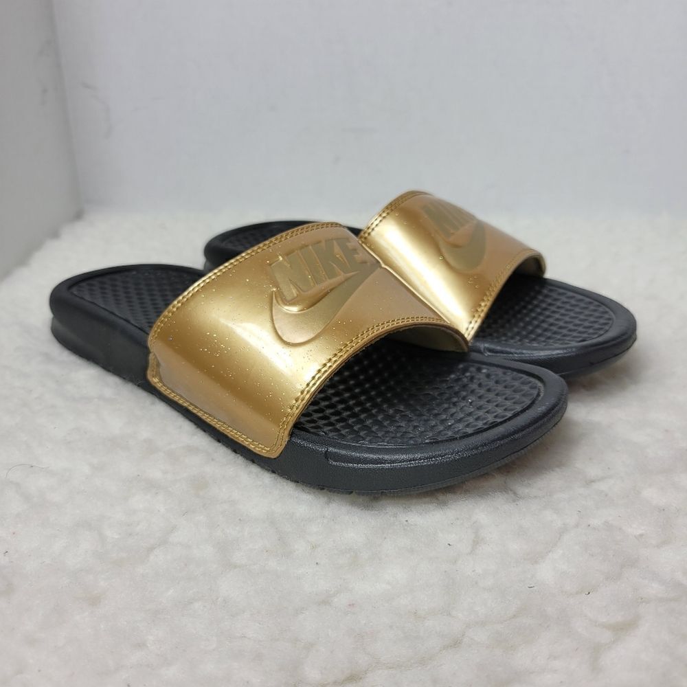 Nike Benassi Women's Slide Size 6 Sandals Black Gold Print Casual Shoes